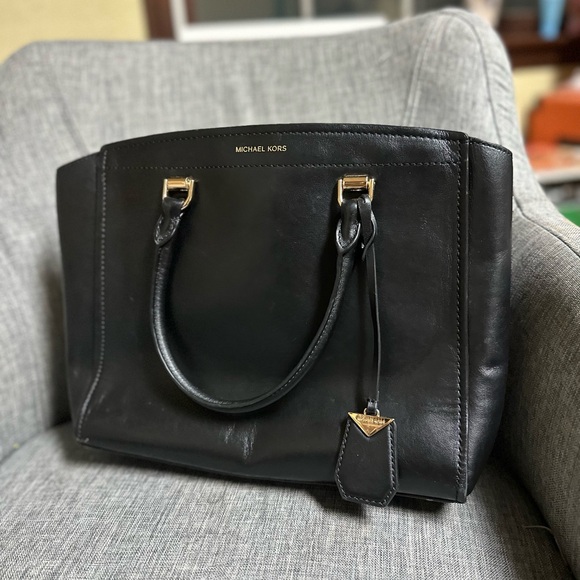 Michael Kors Black Leather Satchel Shoulder Bag Crossbody Purse Benning New - Picture 2 of 9